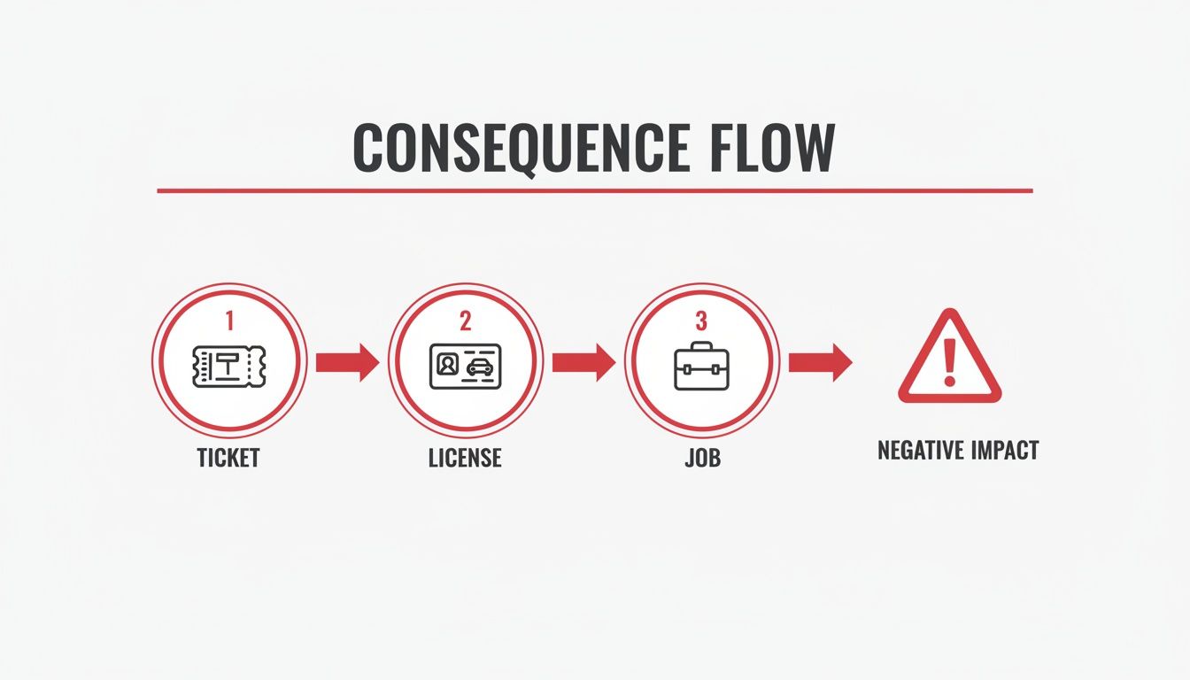 A consequence flow diagram illustrating a ticket leading to license issues, then job impact, and finally negative overall impact.