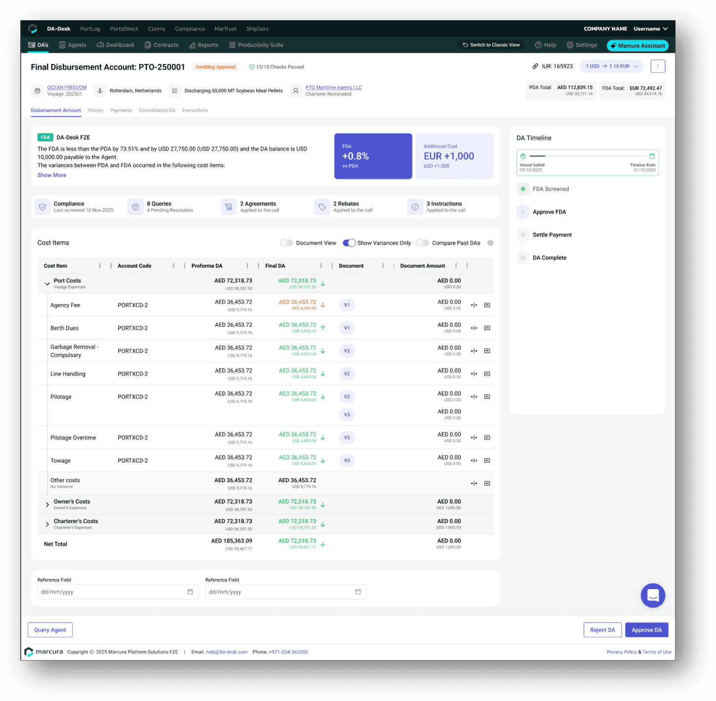 DA-Desk Final Disbursement Account screen with cost items by port, variances against the proforma and an approval timeline
