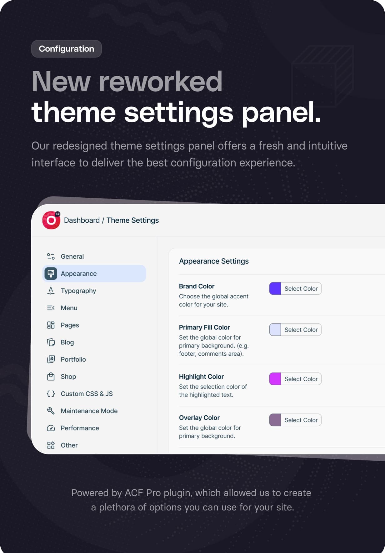 Website interface layout presenting color appearance options within a theme settings panel mockup.
