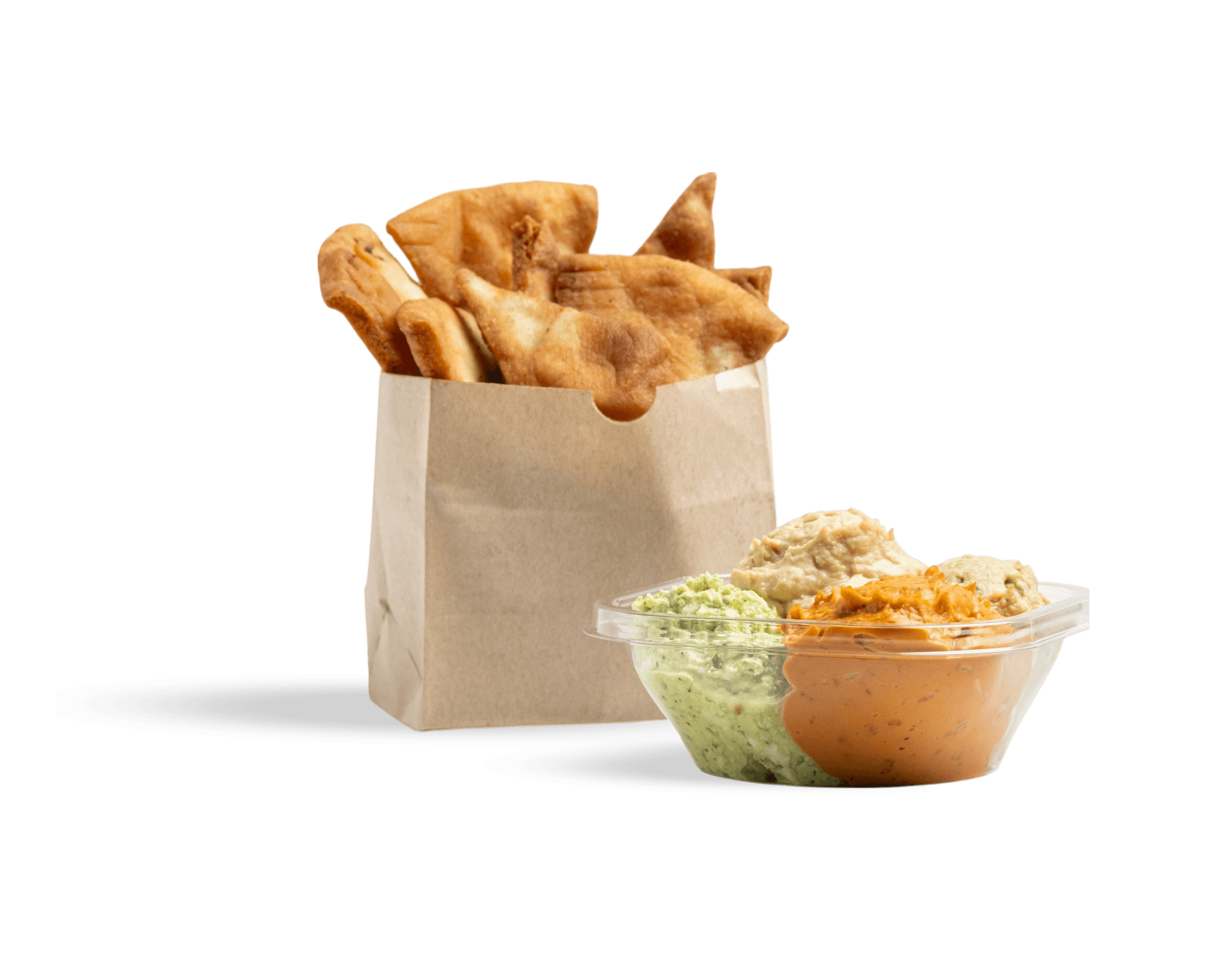 Pita chips in a small paper bag with a small plastic container of various scoops of hummus