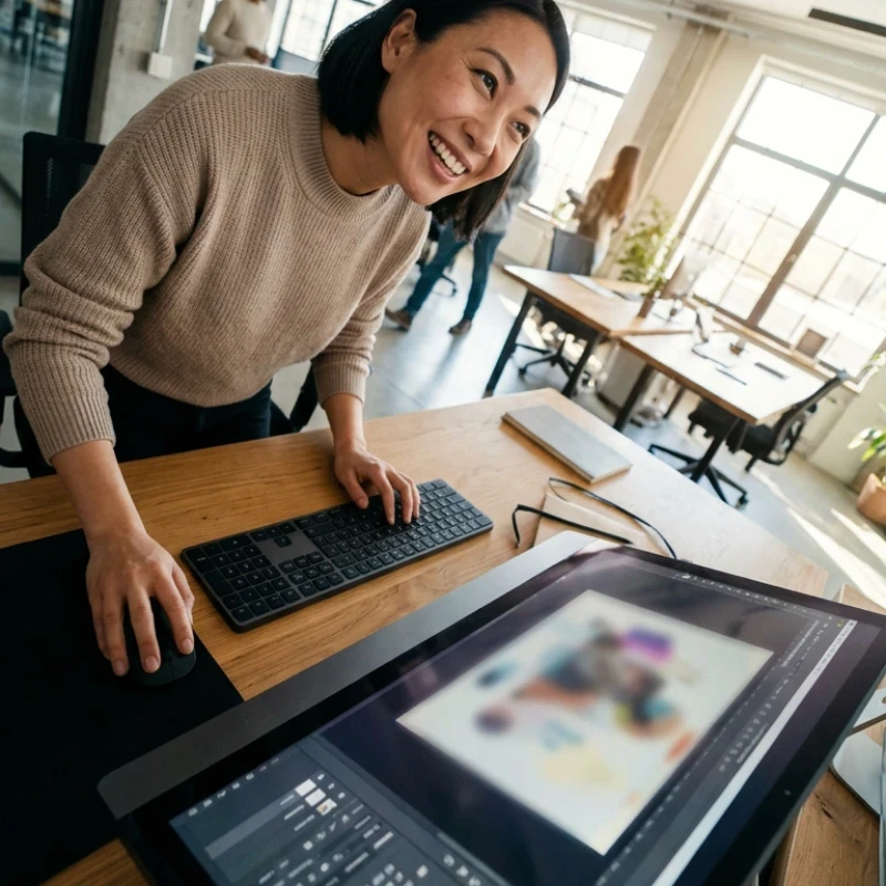 Équipe de créatifs en agence à Paris, collaborant autour d'un poste de travail pour concevoir et valider des interfaces et des chartes graphiques sur plusieurs écrans haute résolution, illustrant notre expertise en Création graphique 360° pour garantir une création pensée pour évoluer.