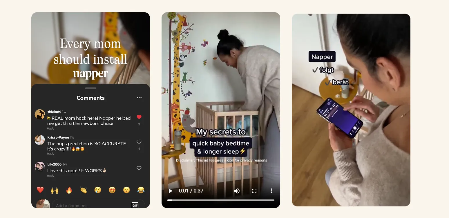 Three-panel image showing a social media-style ad for a baby sleep app: user comments praising the app, a mother putting a baby to bed with tips for better sleep, and a parent using the app on a smartphone to track and manage sleep routines.