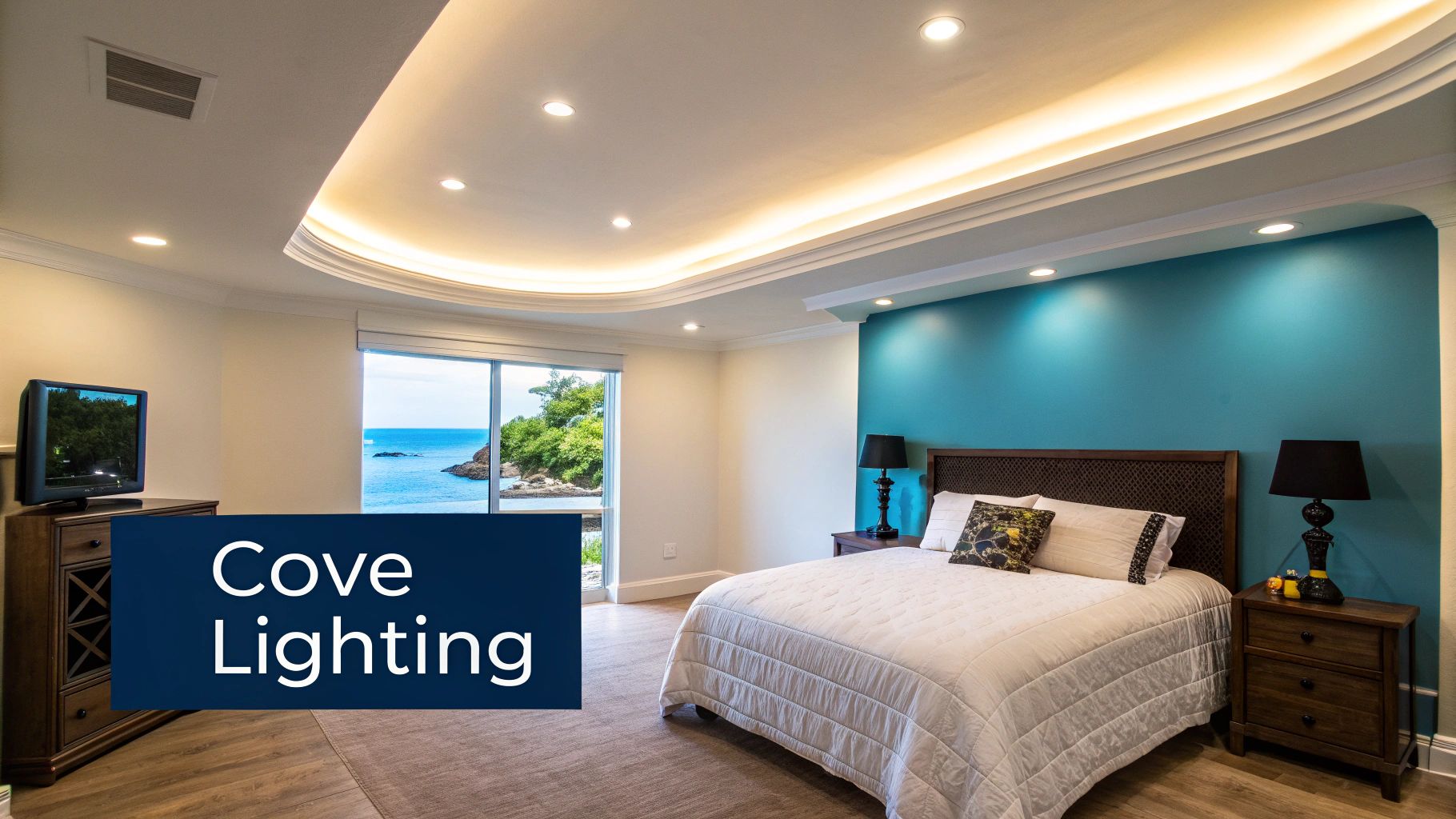 A beautiful bedroom with contemporary ceiling designs, an ocean view, and a teal accent wall.