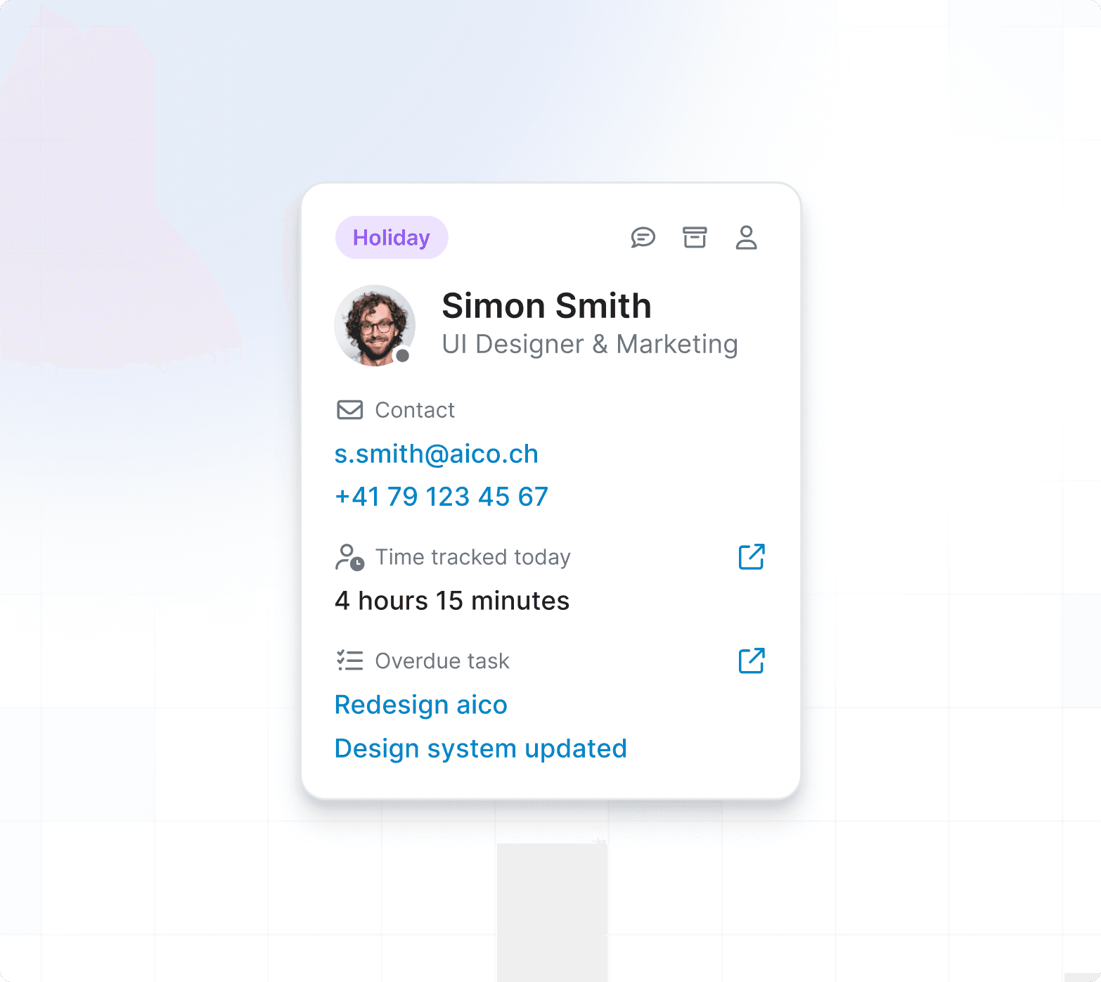 Aico Dashboard employee card for Simon Smith showing a Holiday status badge, role in Marketing, CET Berlin timezone, 6 hours 15 minutes tracked today, current task "Marketing campaign 2 - Review creatives", a Contact button, and a tooltip indicating vacation dates from 03/02/2025 to 15/02/2025