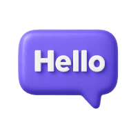 A purple chat bubble with the word "Hello" inside, symbolizing a friendly greeting or conversation.