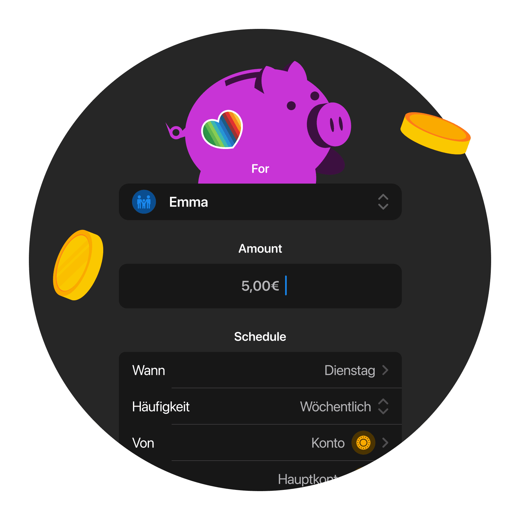 Illustration of a purple piggy bank with coins, featuring options for "Money," "About," "Load," and "Theme" on a dark background.