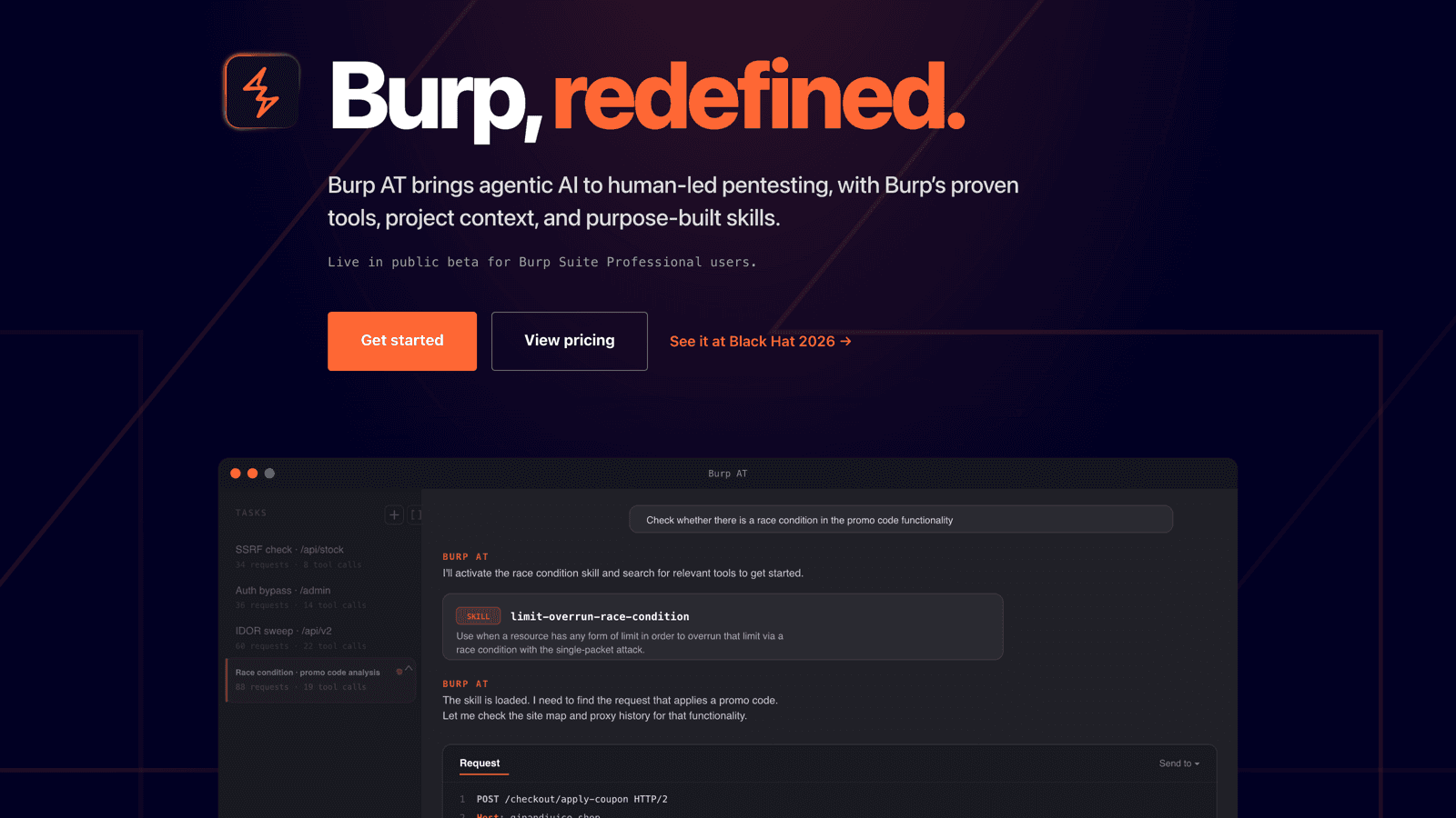 Burp AT product page showing the Burp, redefined headline, public beta status, and an agent working through a race condition task with a loaded skill and captured request