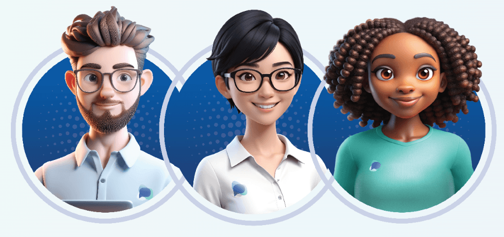 3 AI agent avatars are shown side by side 