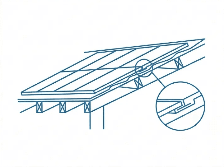 Schéma technique bleu sur fond blanc illustrant la structure d'un toit isolé, avec un zoom sur l'emboîtement des panneaux.