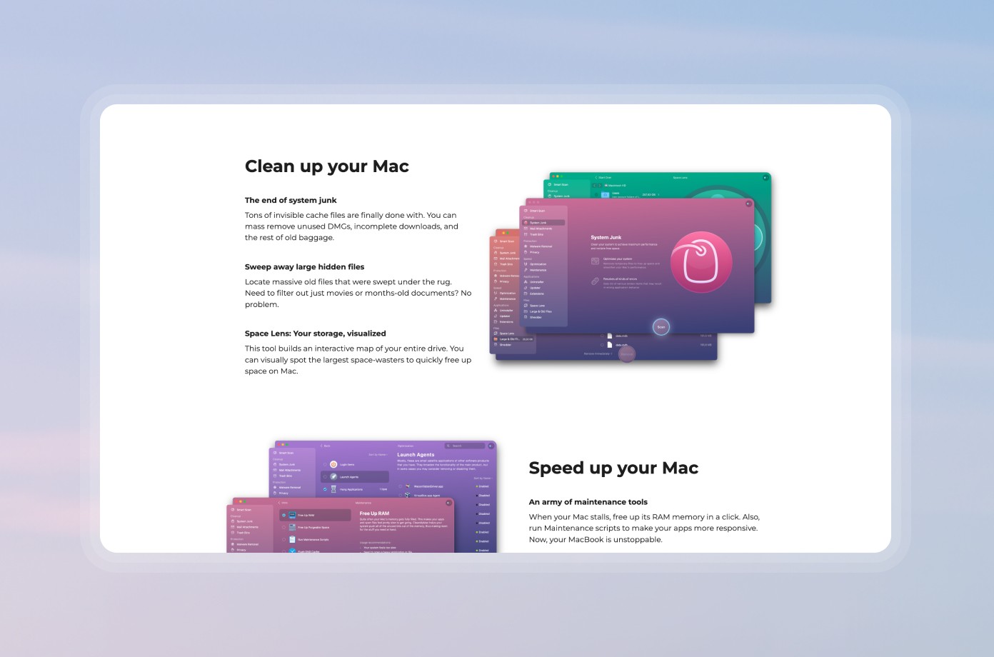 CleanMyMac website UI and layout details