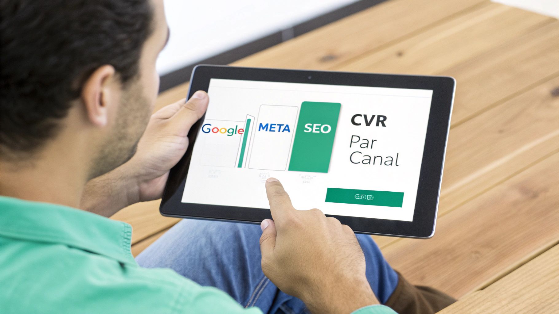 Un homme consulte un tableau de bord sur une tablette affichant Google, Meta, SEO et le CVR par canal.