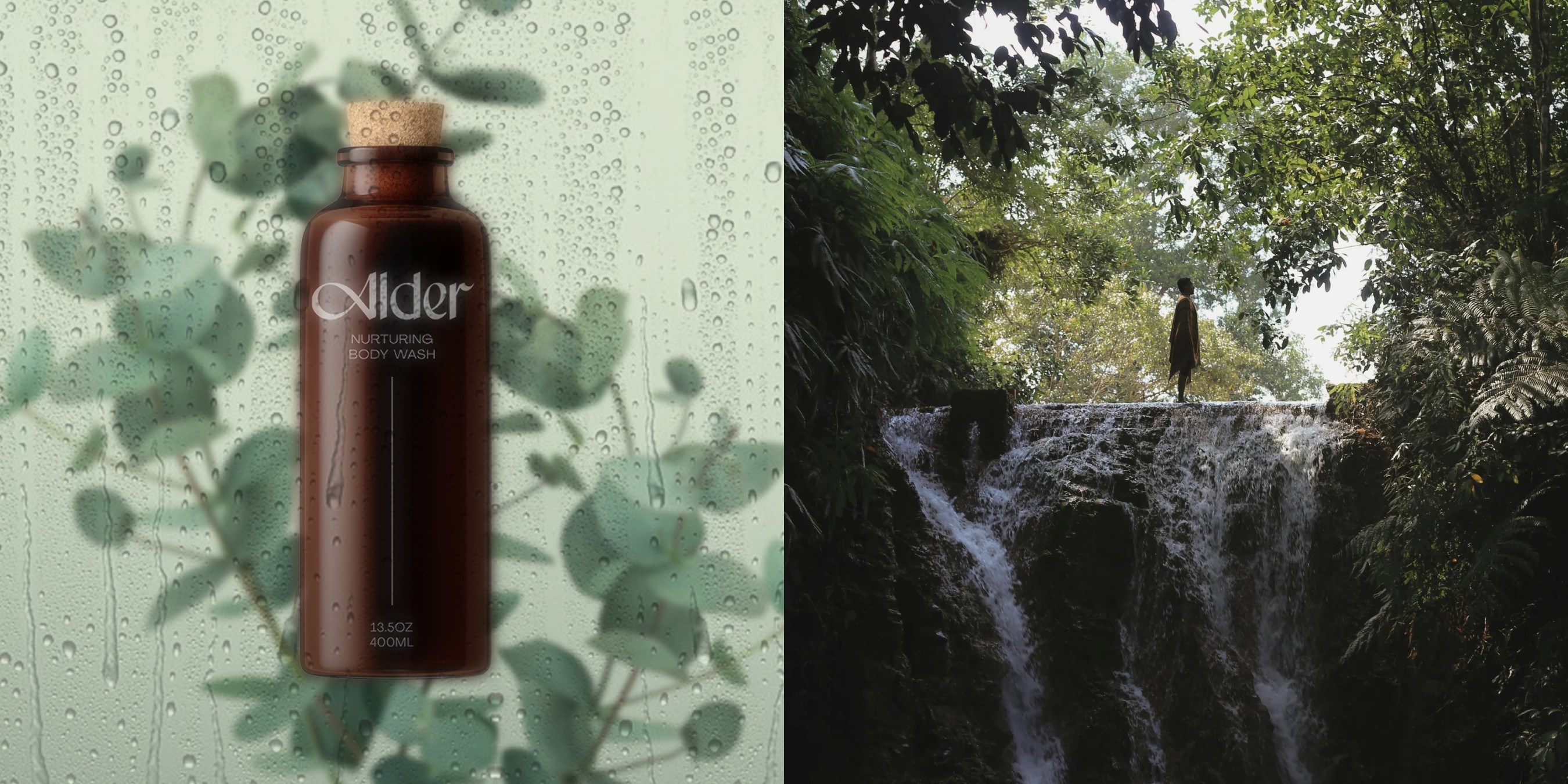 Alder packaging in a shower setting with eucalyptus next to atmospheric photo of a person standing on top of a waterfall.