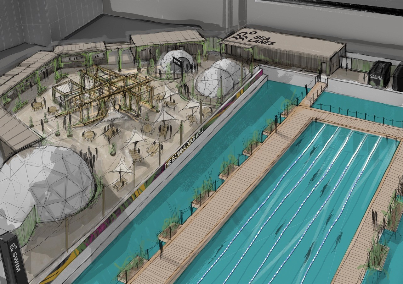 Artist's impression of Sea Lanes Canary Wharf, with a six-lane pool surrounded by water, and amenities beyond