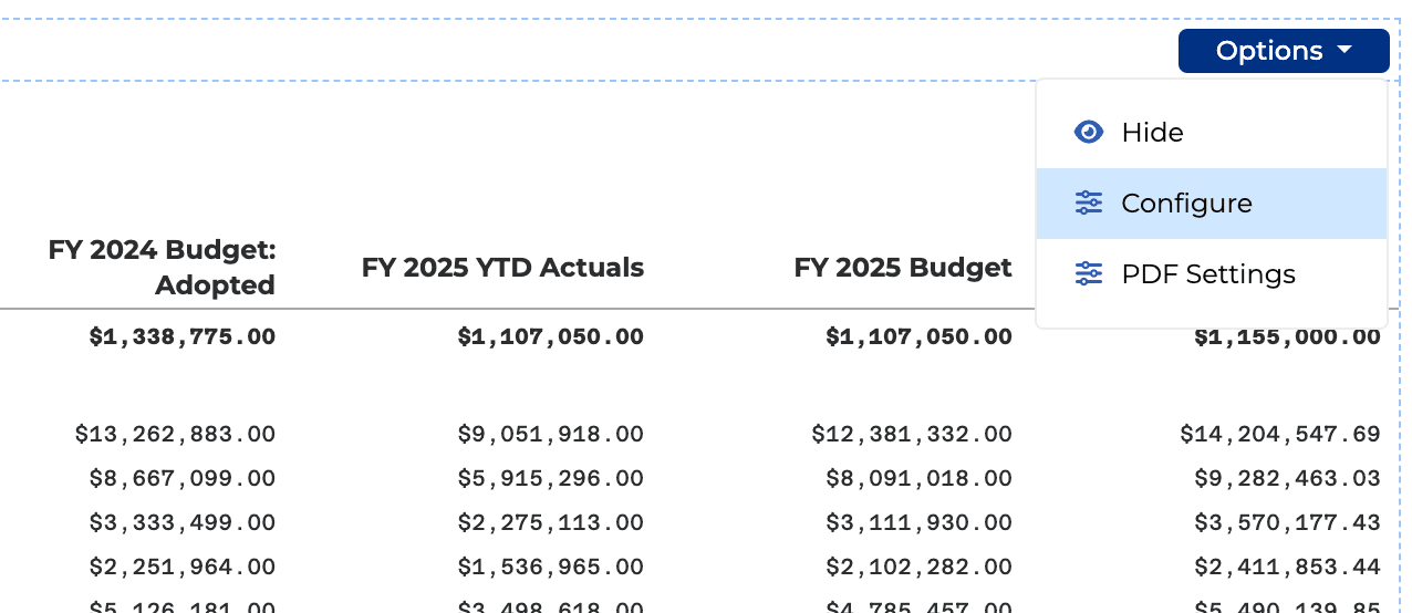 Interface showing configuration of financial tables 