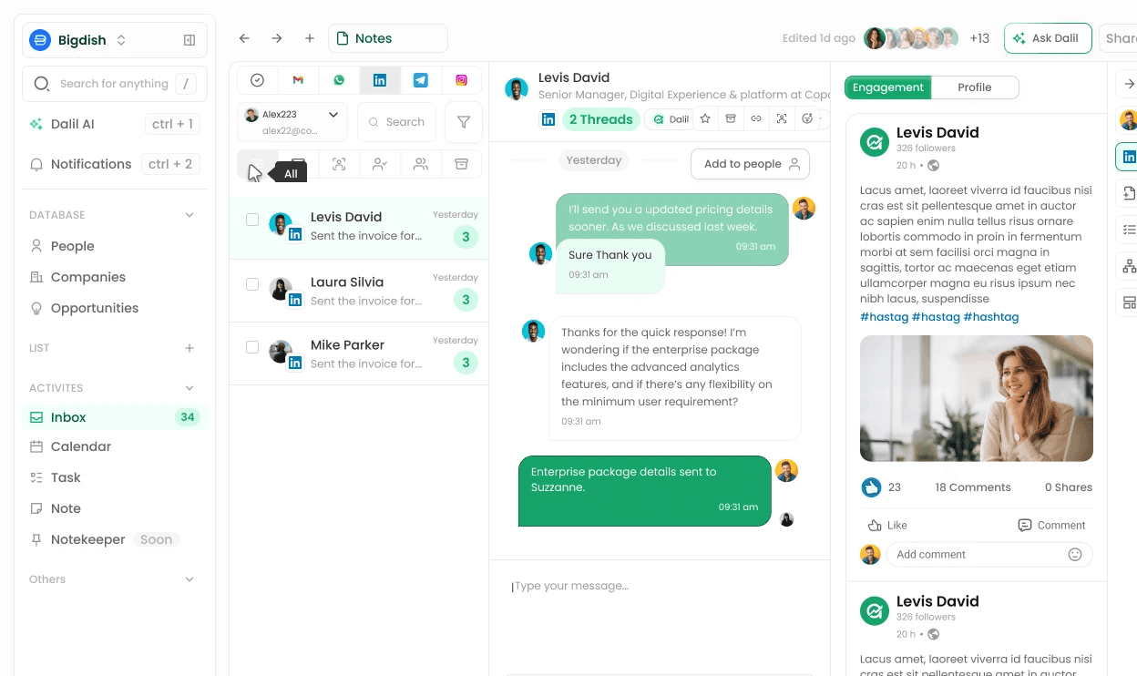 Dalil AI Linkedin unified inbox to manage conversations and engage with linkedin prospects