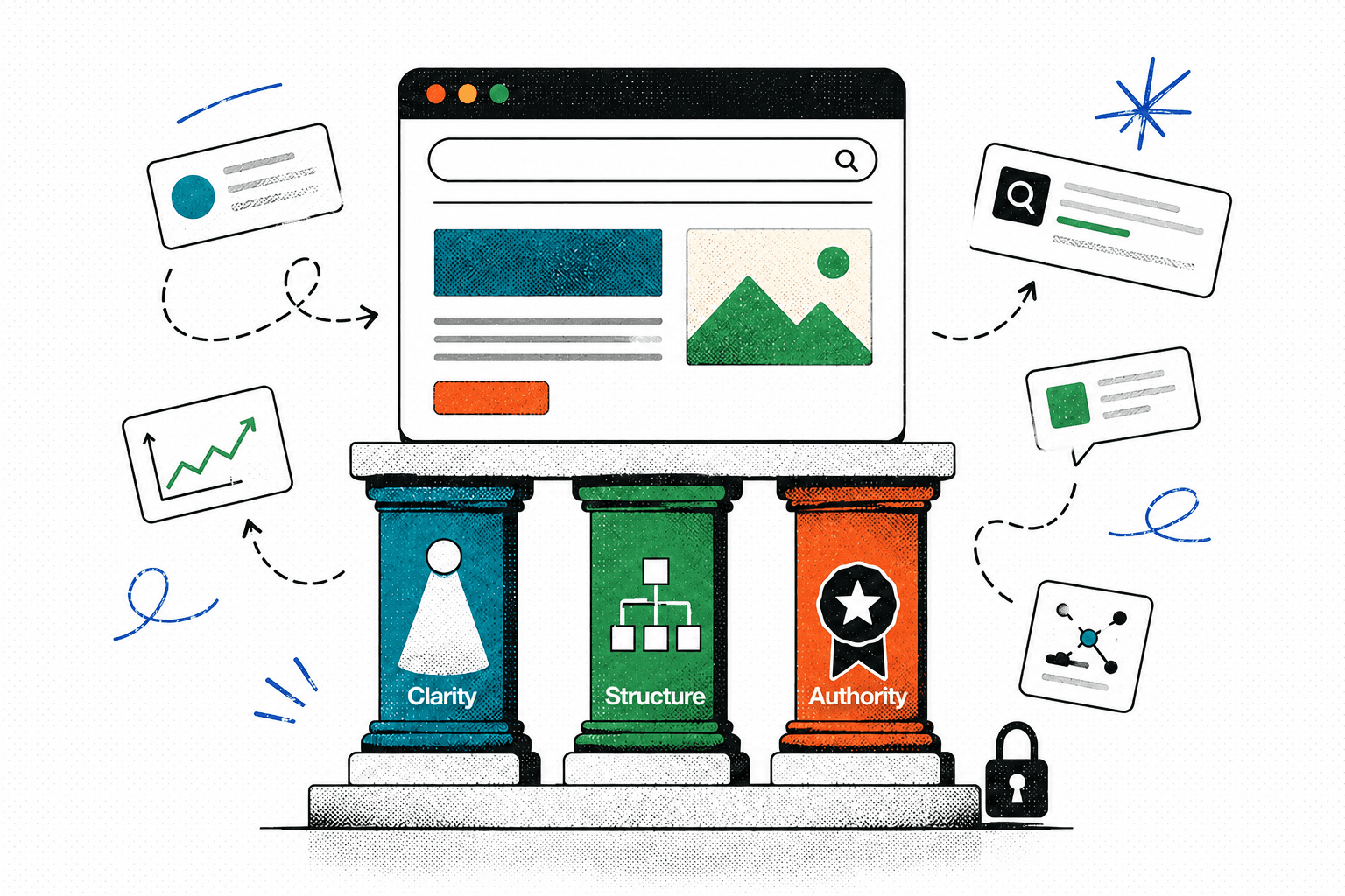 Website standing on three pillars: Clarity, Structure, and Authority