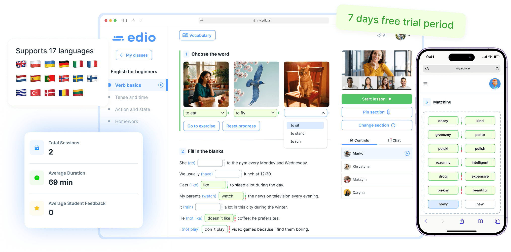 edio interactive language teaching platform — virtual classroom, exercises and lesson analytics