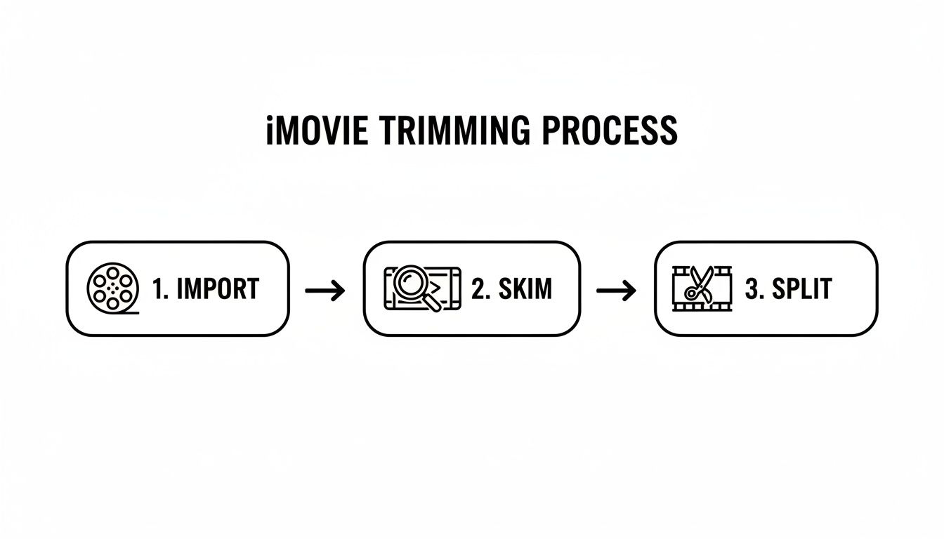 A flowchart outlining the iMovie trimming process: 1. Import (film reel), 2. Skim (magnifying glass on video), 3. Split (scissors).