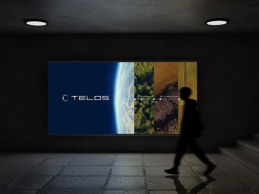 Telos brand identity applied to a large-format display showing satellite imagery of Earth