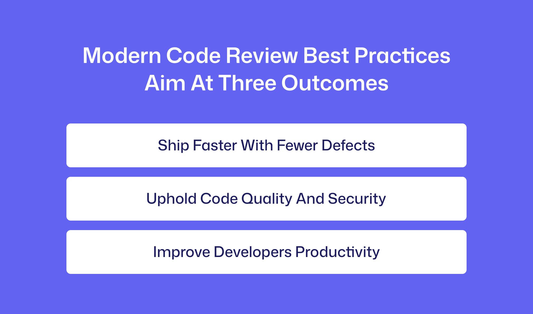 Modern code review best practices aim at three outcomes. That is; ship fast, uphold code quality and security and improve developer productivity.