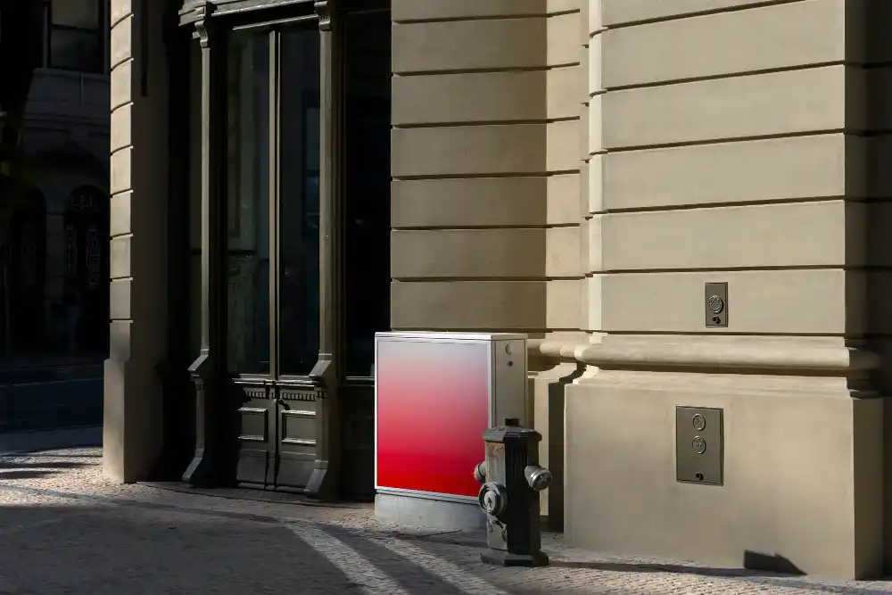Street-level utility box mockup positioned against the facade of a historic building. The beige stone exterior contrasts with the sleek, minimalist design of the box. A fire hydrant and shadows add urban context.