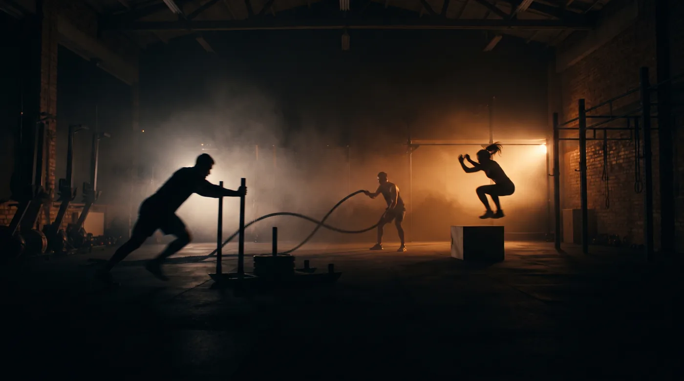 Silhouettes training in a dark gym