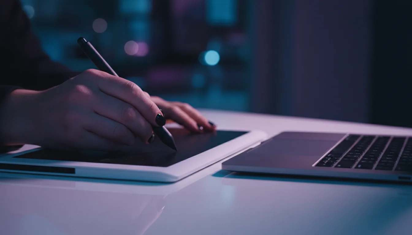 DSLR photography, close-up shot of a digital artist's hand with black nail polish holding a stylus pen over a white and black graphics tablet. A modern, dark grey laptop sits next to the tablet on a reflective white desk. The scene is illuminated by cool, moody cinematic lighting with a distinct blue and purple color cast. Shallow depth of field creates a soft bokeh background, keeping the focus sharp on the hand and hardware.
