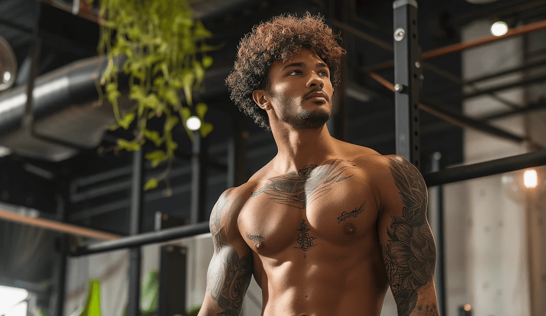 Shirtless tattooed man with curly hair posing confidently in gym.