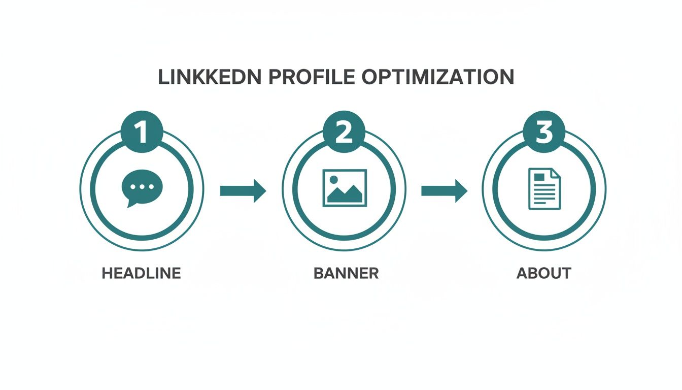 Infographic showing three steps for LinkedIn profile optimization: Headline, Banner, and About.