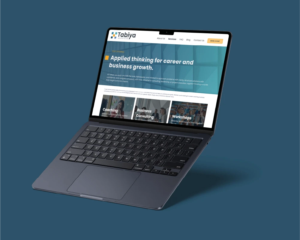 Tabiya consultancy platform landing page architecture displaying minimal typographic hierarchy and clean multi-column layouts.