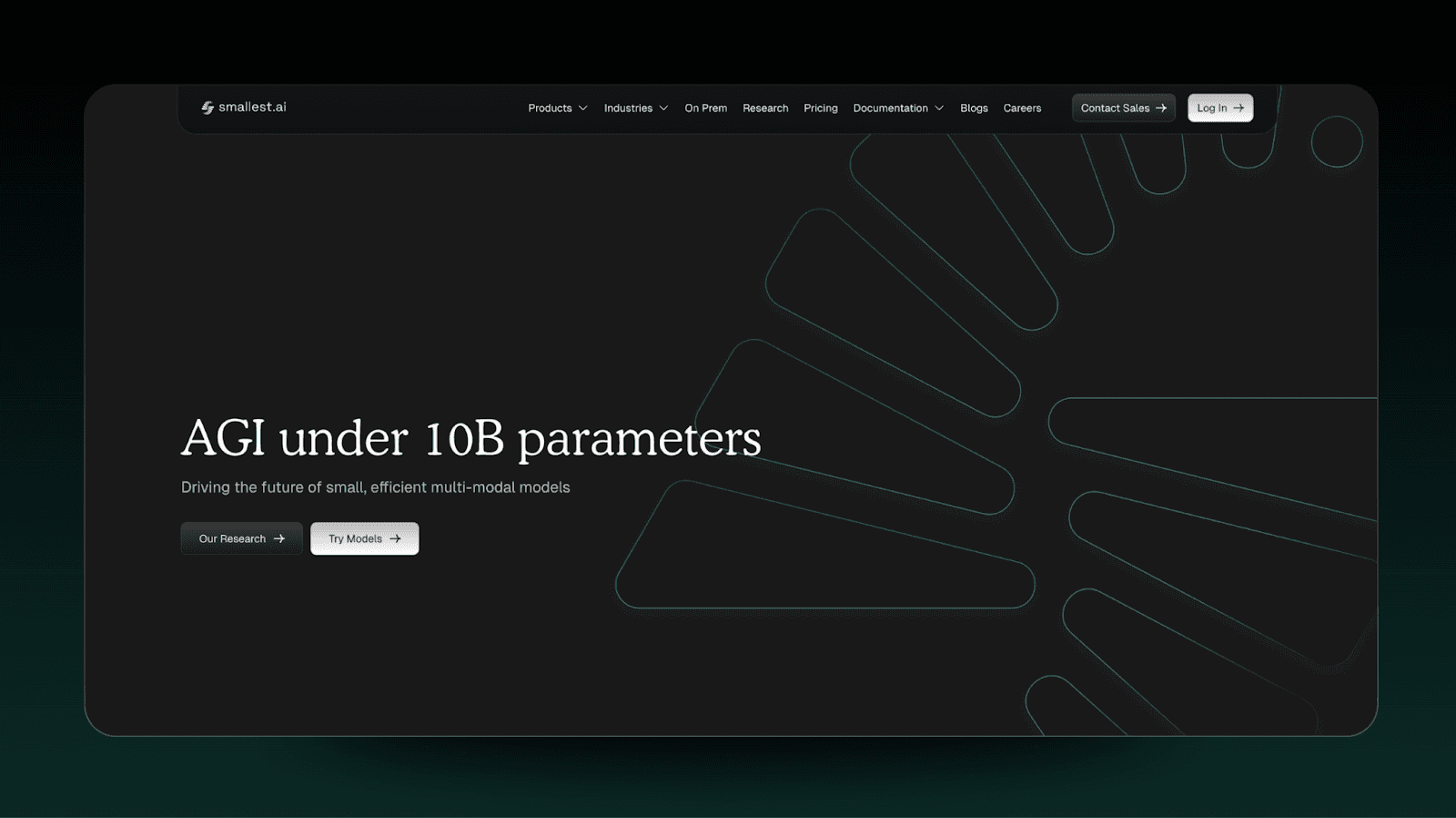 Smallest.ai homepage hero section featuring the headline “AGI under 10B parameters” with CTA buttons for research and model demos on a dark, modern AI website design.
