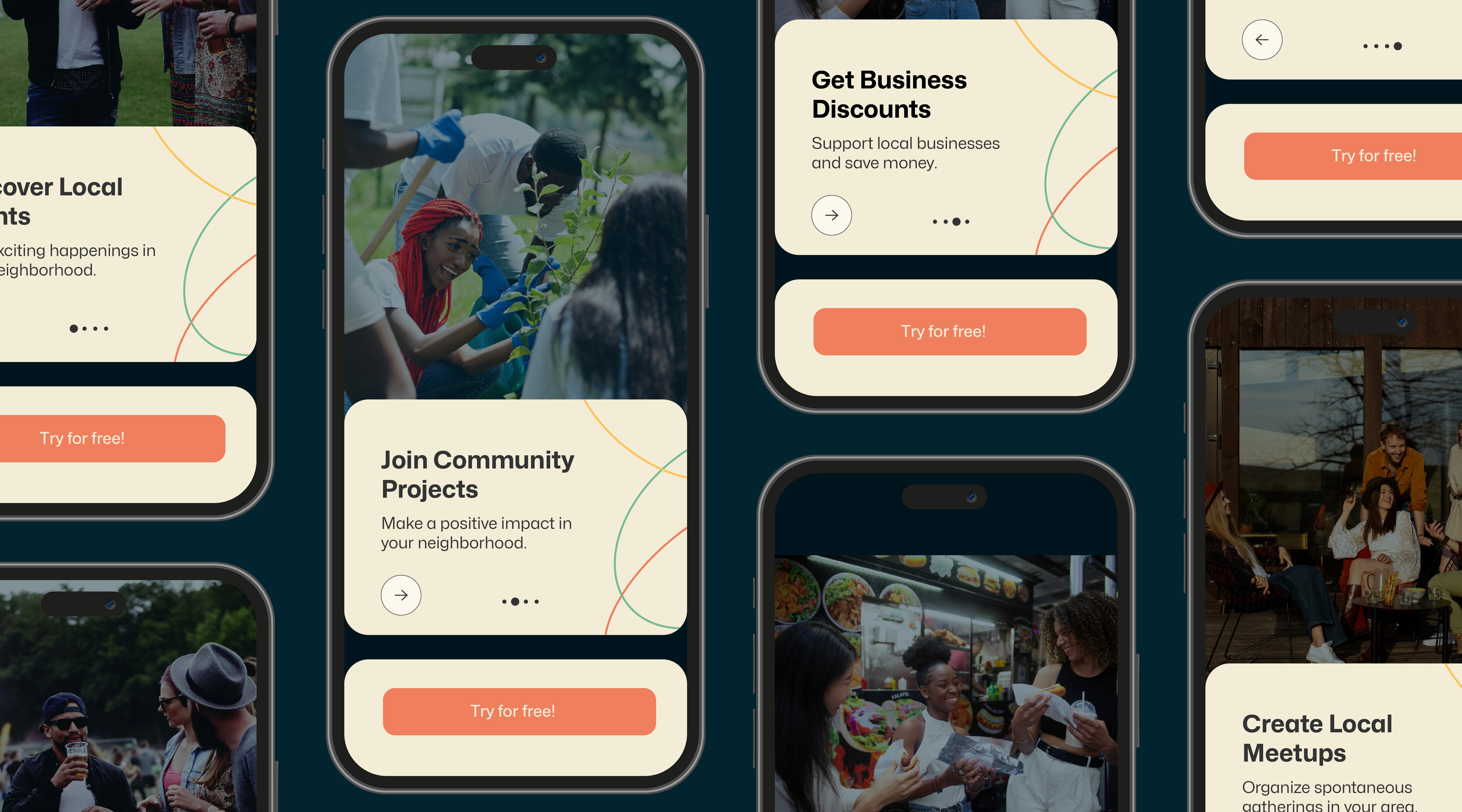 A collage of smartphone screens showing app features for community projects, local meetups, and business discounts.