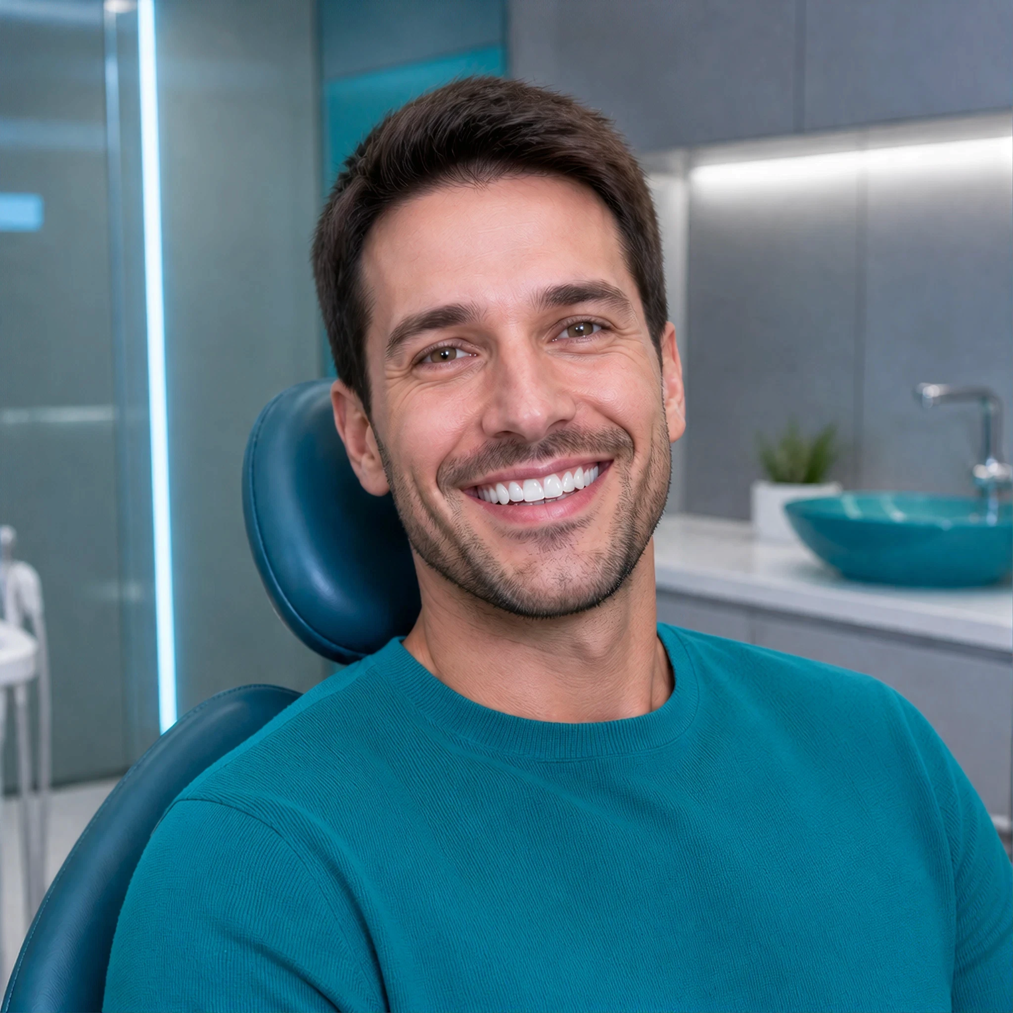 : Man with a beard looking upward during a dental examination in a clinical office setting.