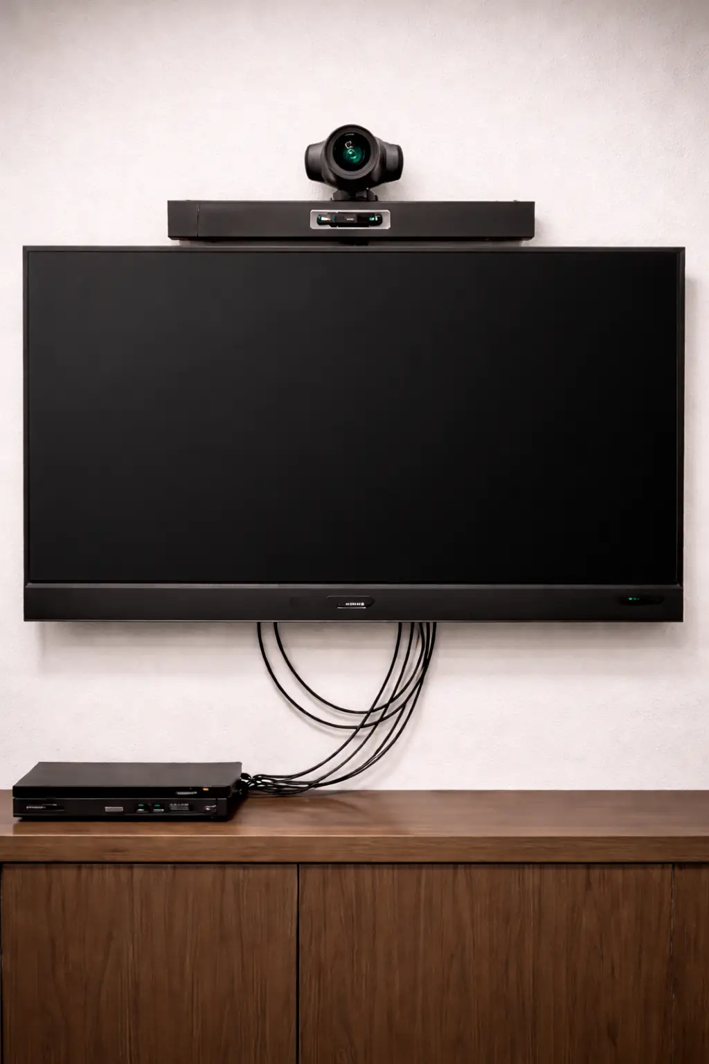 Professional video conferencing system installation with wall-mounted display, PTZ camera, soundbar, and structured cable management