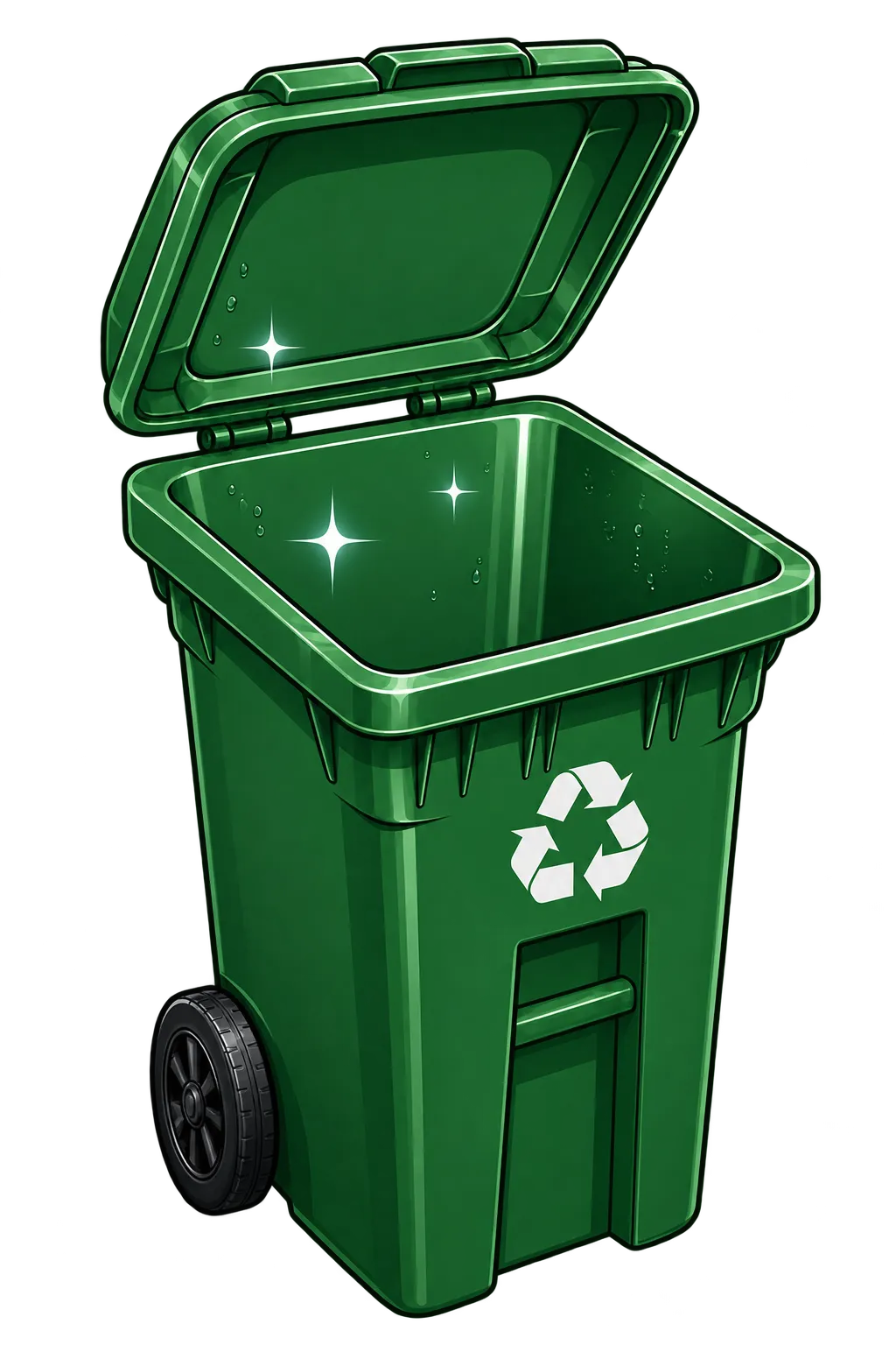 Bac à recyclage vert propre et désinfecté après le service de nettoyage de Raton Laveur.