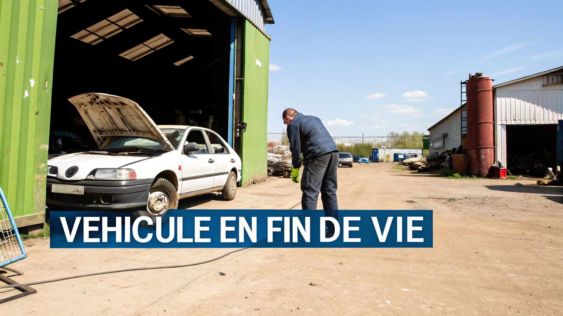 Un homme travaille sur une voiture blanche capot ouvert devant un garage, avec le texte 'VÉHICULE EN FIN DE VIE'.