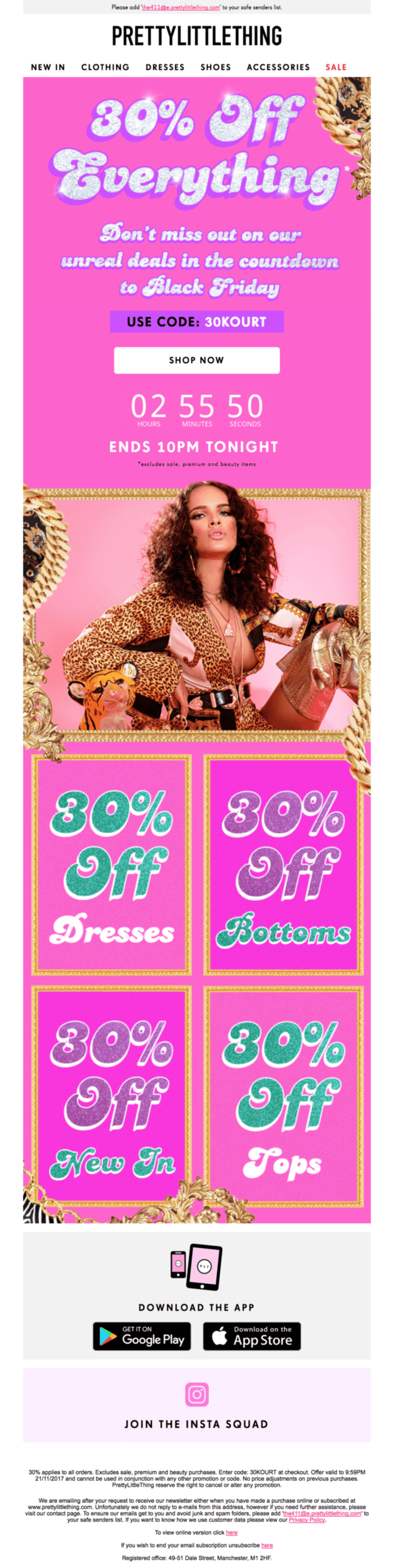 PrettyLittleThing Countdown Email: "A bright pink email with glittery text, promoting a 30% off sale for clothing. Includes a countdown timer and fashion imagery featuring a model in bold outfits."