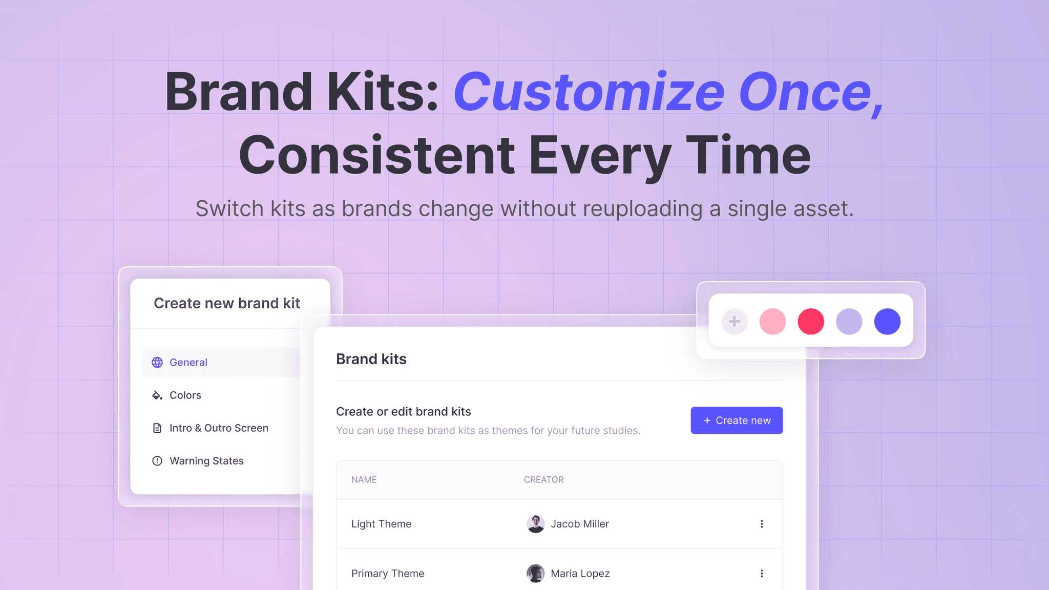 A screenshot of Useberry UI showing Brand Kits in action, emphasizing how it helps brands apply their branding to user research on Useberry instantly after setting up once.