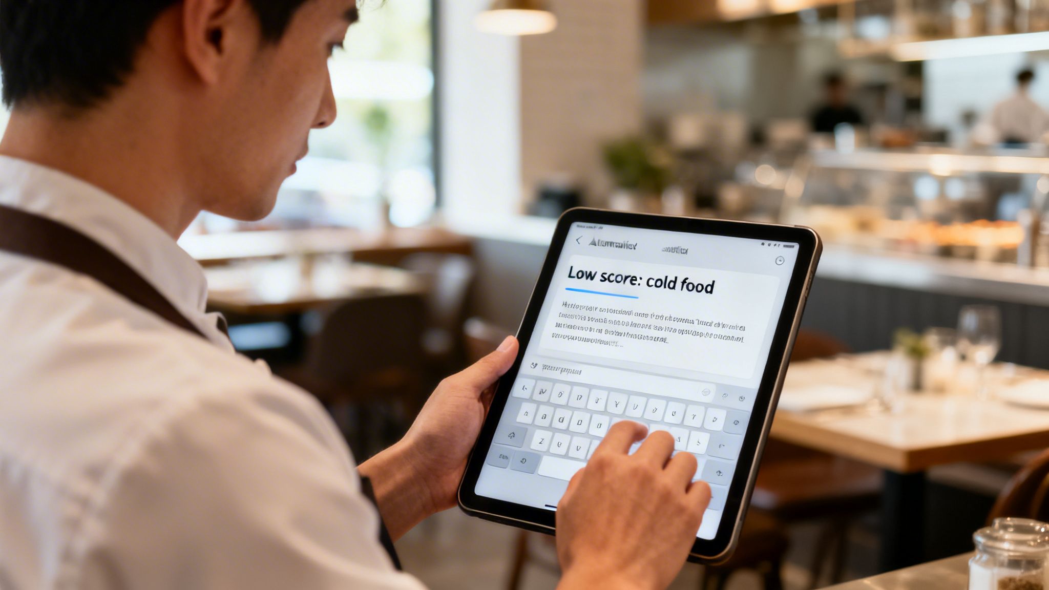A restaurant worker types customer feedback on a tablet, displaying