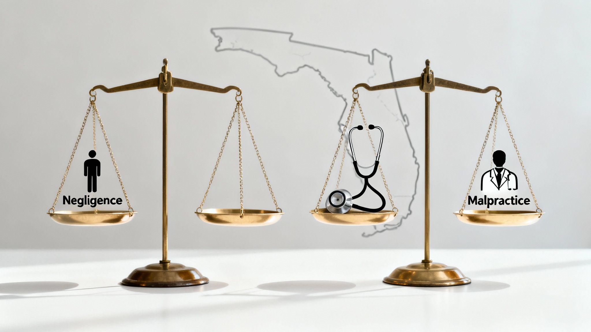 Two scales of justice illustrate the difference between negligence and medical malpractice in Florida.