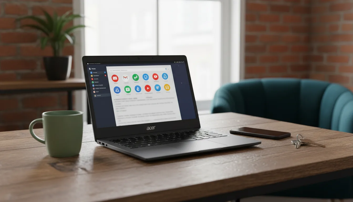DSLR photograph of a dark grey Acer Chromebook open on a rustic, textured wooden desk. The screen displays the ChromeOS app launcher with a grid of colorful UI icons and abstracted text lines. On the desk sits a light green ceramic mug, a black smartphone, and a set of metallic keys. The scene is bathed in soft, natural daylight streaming from a large window in the background. The background has a shallow depth of field with soft bokeh, revealing a green potted plant, an exposed brick wall, and a dark teal armchair.