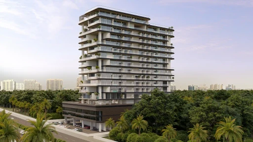 Barari Palace aerial daytime render with the tower rising above palm trees and the Dubai skyline in the background