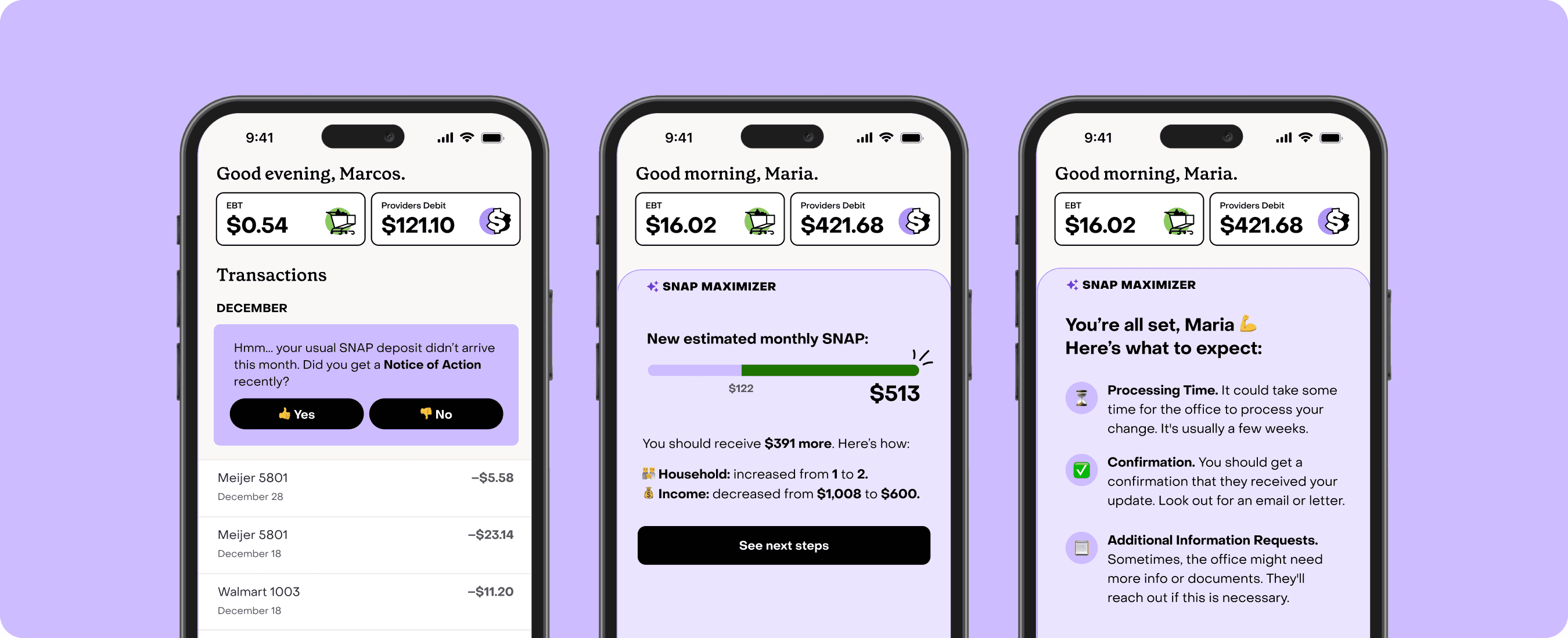 Three mobile screens showcasing a tool using AI to help a user maximize their SNAP benefits.  