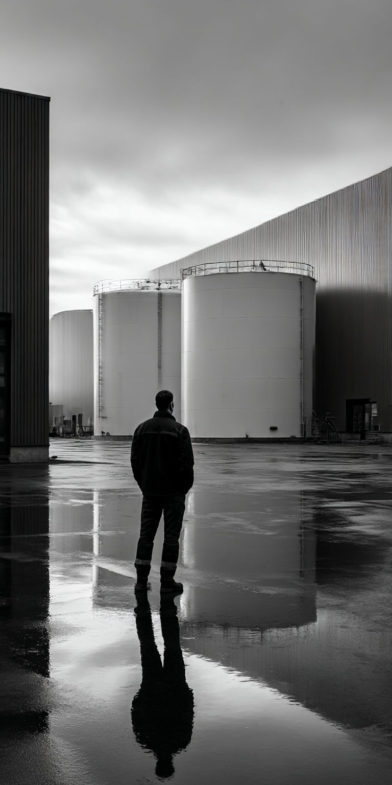 homem observando dois grandes reservatórios de água da chuva em um edifício industrial
