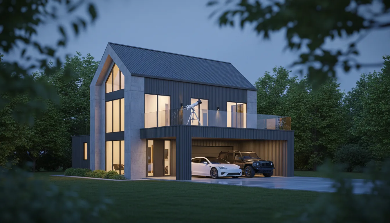 Photorealistic 3D architectural visualization, V-Ray render of a modern barn-style house designed in SketchUp. The structure features board-formed concrete walls and dark grey corrugated metal siding under a gabled roof. The scene is set at dusk, with soft global illumination casting a cool blue light on the exterior, contrasted by warm yellow light glowing from within the large glass windows and the open two-car garage. Inside the garage, a white electric sedan and a black electric SUV are parked on a glossy concrete floor. A rooftop terrace above the garage has a glass railing and a telescope. The house is surrounded by lush trees and a manicured green lawn, with out-of-focus leaves in the foreground creating a natural frame and depth of field.