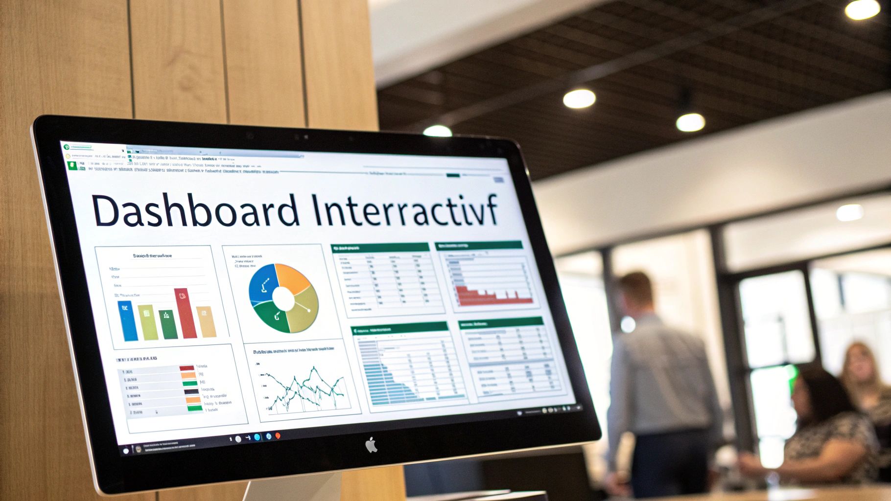 Écran d'ordinateur affichant un tableau de bord interactif avec divers graphiques et données dans un environnement de bureau moderne.