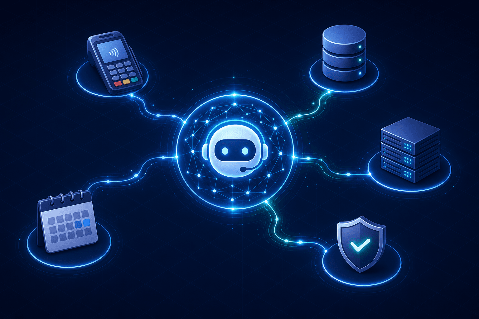A clean, modern flat illustration showing an AI support agent at the center, represented as a glowing neural node, with interconnected lines flowing outward to multiple backend system icons: a payment processor terminal, a CRM database cylinder, a data warehouse stack, a calendar booking system, and a verification shield. The connections pulse with soft blue and teal light, suggesting live data flow and automated actions. Dark navy background with subtle grid lines, professional enterprise aesthetic, no text or labels anywhere.