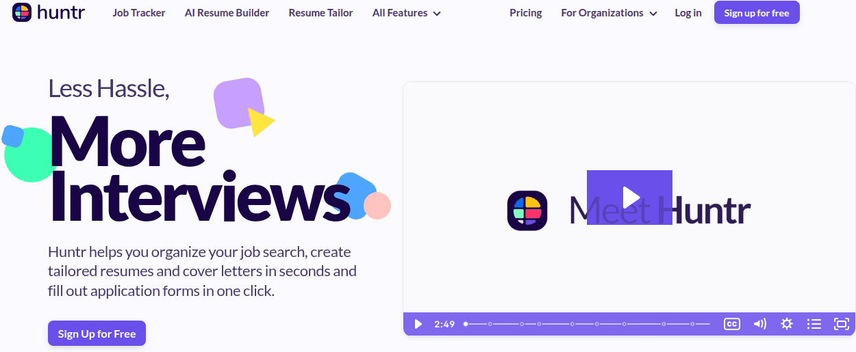 Huntr job search platform homepage showing AI resume builder, job tracker, and cover letter generator to organize job search and land more interviews