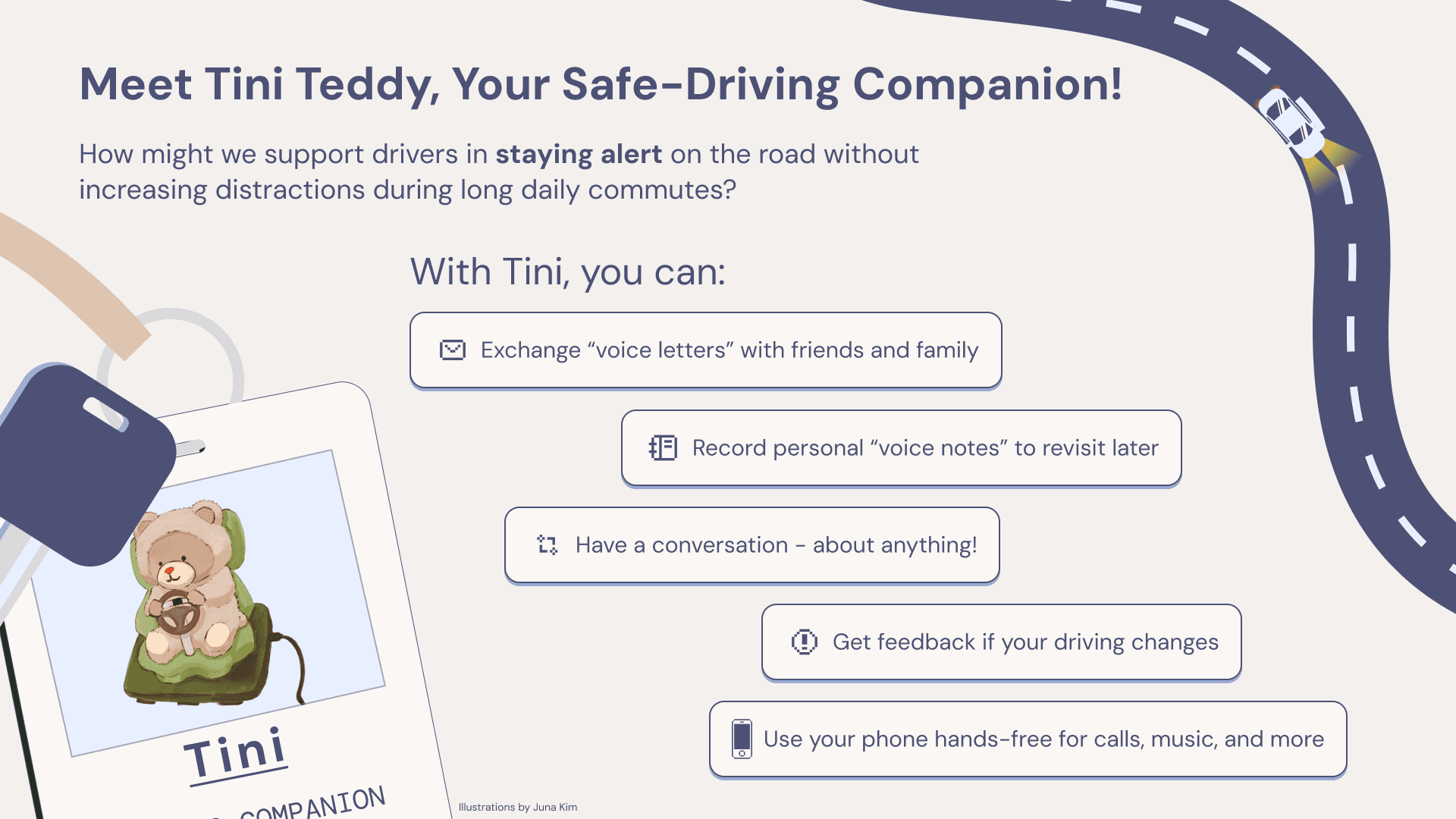 Functionalities of Tini the Teddy are listed: voice letters, voice notes, conversation, phone integration