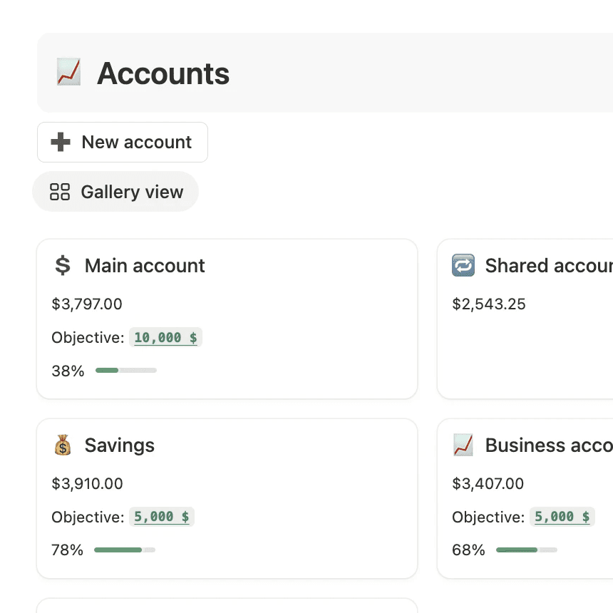 Life Planner Notion finance dashboard - track multiple accounts, savings goals, and business budgets in one place